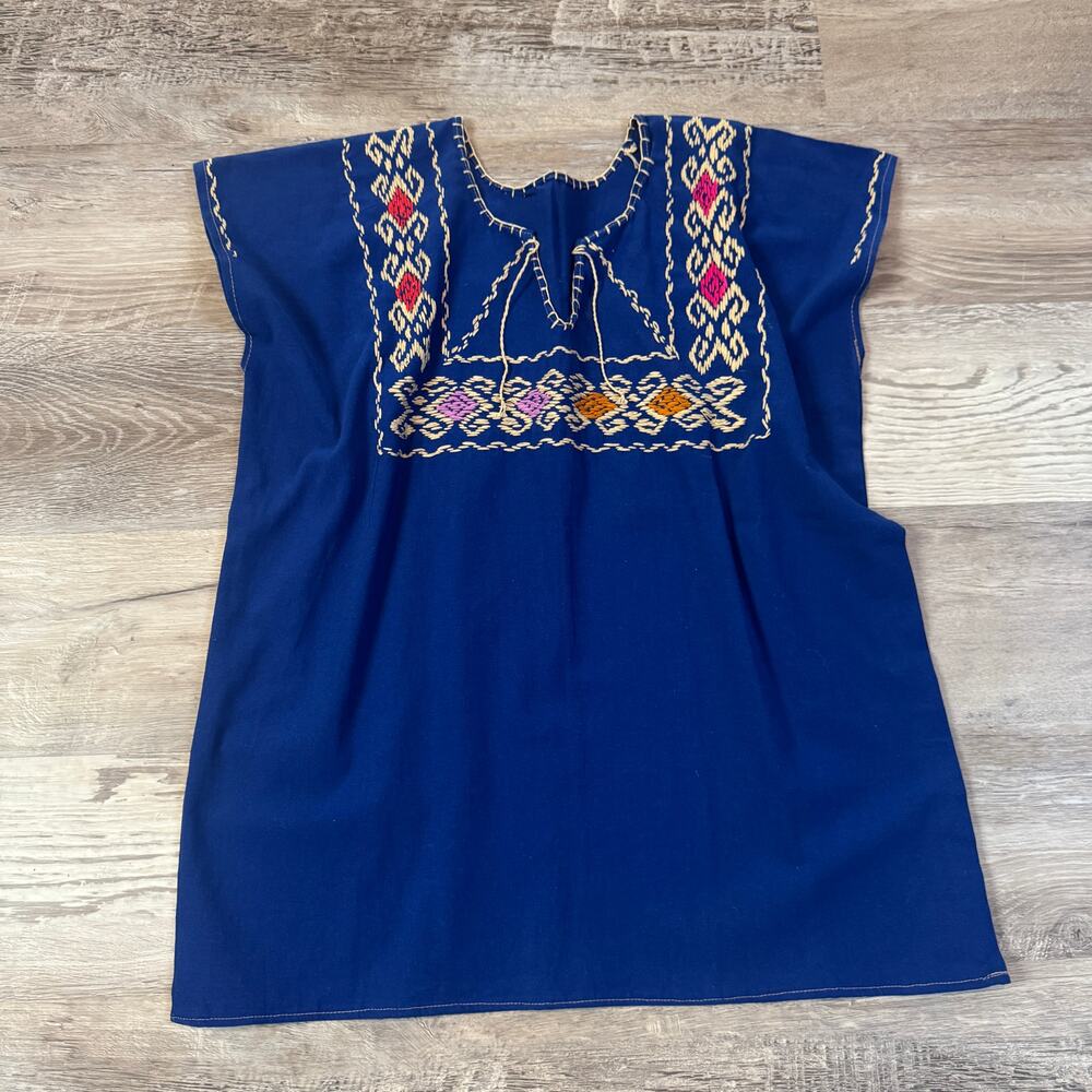 Vintage 70s Handmade Embroidered Blue Huipil Tunic Blouse Folk Boho Medium